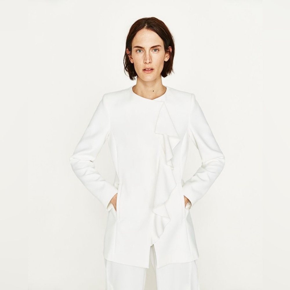 ZARA Off White Ruffle Collarless Blazer Coat Old Money Jacket Holidays Modern XS - Picture 4 of 12